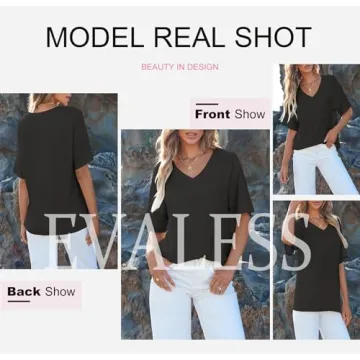 EVALESS Women's Oversized Short Sleeve V-Neck Tops