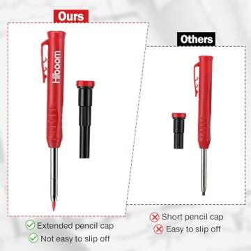 Hiboom 2 Pack Solid Carpenter Pencil with 14 Refill, Long Nosed Deep Hole Mechanical Pencil Marker with Built-in Sharpener for Carpenter Woodworking Architect with Design Patent (Black, Red)