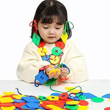 70 Pcs Montessori Lacing Threading Toy - Geometric Shaped Large Beads for Kids Crafts, Preschool Act...