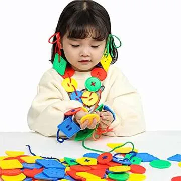 70 Pcs Montessori Lacing Threading Toy - Geometric Shaped Large Beads for Kids Crafts, Preschool Act...