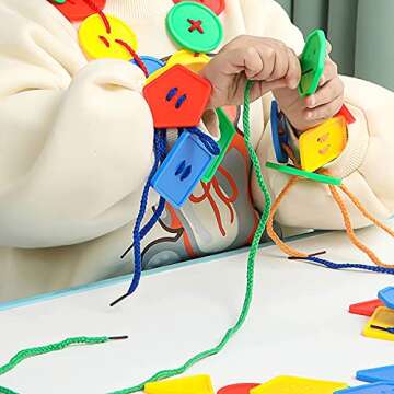 70 Pcs Montessori Lacing Threading Toy - Geometric Shaped Large Beads for Kids Crafts, Preschool Activities and Daycare Toys - Autism Learning Materials and Fine Motor Skills Toys for 3 4 5 6 Year Old