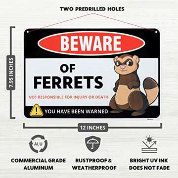 Venicor Beware of Ferret Sign Decor - 8 x 12 Inches - Aluminum - Ferret Gifts for Ferret Lovers - Fe...