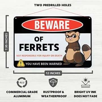 Venicor Beware of Ferret Sign Decor - 8 x 12 Inches - Aluminum - Ferret Gifts for Ferret Lovers - Fe...