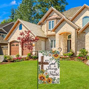 Covido With God All Things Are Possible Christian Decorative Garden Flag, Religious Cross Sunflower Spring Summer Easter Yard Outside Decorations, Inspirational Fall Outdoor Small Home Decor 12 x 18