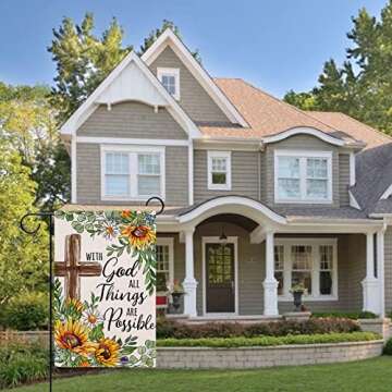 Covido With God All Things Are Possible Christian Decorative Garden Flag, Religious Cross Sunflower Spring Summer Easter Yard Outside Decorations, Inspirational Fall Outdoor Small Home Decor 12 x 18
