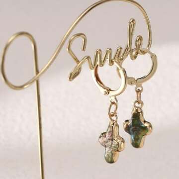 Nature Pearl Cross Earrings Freshwater Beachy Pearl Cross earrings Elegant Christian Baroque Pearl Jewelry Gifts (green)