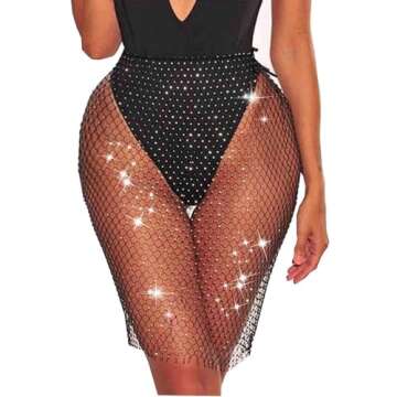 Evild Women Mesh Rhinestone Body Chain Glitter Elastic Belly Skirt Sparkly Party Waist Chain Statement Belly Chain