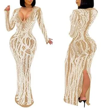 Birthday Dresses for Women Sexy Elegant Leather Rhinestone Hollow Long Sleeve Short Dress Date Club Night Diner Out Party Bling Sequin Gowns and Evening Bodycon(5002-Beige-S)