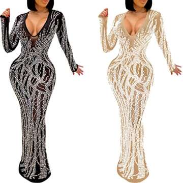Birthday Dresses for Women Sexy Elegant Leather Rhinestone Hollow Long Sleeve Short Dress Date Club Night Diner Out Party Bling Sequin Gowns and Evening Bodycon(5002-Beige-S)