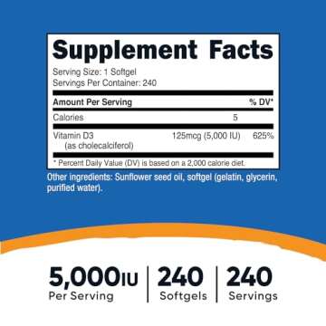 Nutricost Vitamin D3 5,000 IU, 240 Softgels - Non-GMO and Gluten Free Vitamin D
