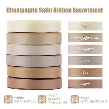 DINDOSAL Champagne Gold Ribbon 3/8" Double Face Satin Ribbon 6 Rolls Assortment Thin Champagne Ribbo...