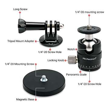PROfezzion Magnetic Mount for GoPro, Strong Manget Base with Detachable 360° Rotation Ball Head for GoPro Hero 13/12/11/10/9/8/7/6, DJI Osmo Action 5/4/3/2, Insta360 X4/X3/Ace/Ace Pro Action Cameras