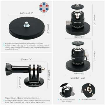 PROfezzion Magnetic Mount for GoPro, Strong Manget Base with Detachable 360° Rotation Ball Head for GoPro Hero 13/12/11/10/9/8/7/6, DJI Osmo Action 5/4/3/2, Insta360 X4/X3/Ace/Ace Pro Action Cameras