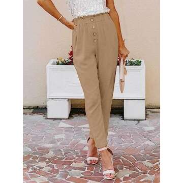 NIMIN High Waisted Pants for Women Loose Summer Business Casual Outfits Comfy Cotton Linen Pants Paper Bag Ankle Work Pants with Pockets Khaki Large
