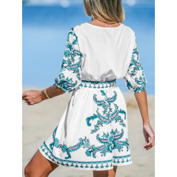 CUPSHE Women's V Neck Beach Dress Puff Sleeve Button Accent Tie Waist Mini Summer Dresses, Green Paisley M