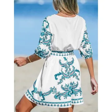 CUPSHE Women's V Neck Beach Dress Puff Sleeve Button Accent Tie Waist Mini Summer Dresses, Green Paisley M