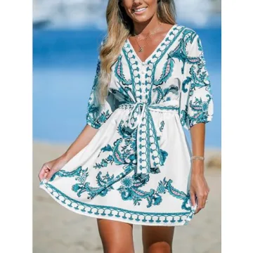 CUPSHE Women's V Neck Beach Dress Puff Sleeve Button Accent Tie Waist Mini Summer Dresses, Green Paisley M