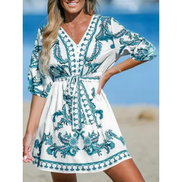 CUPSHE Women's V Neck Beach Dress Puff Sleeve Button Accent Tie Waist Mini Summer Dresses, Green Paisley M