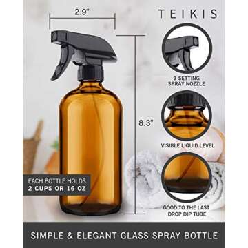 2 Pack Amber Glass Spray Bottles - 16 oz Mist & Stream Sprayer - Heavy Duty Brown Boston Round Bottl...