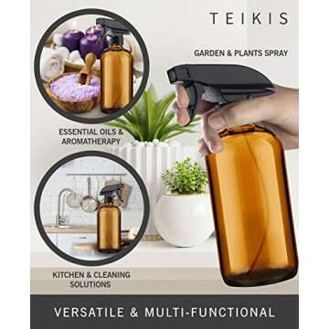 2 Pack Amber Glass Spray Bottles - 16 oz Mist & Stream Sprayer - Heavy Duty Brown Boston Round Bottle - Refillable Empty Containers for Essential Oils, Aromatherapy, Hair, Kitchen & Cleaning Solutions