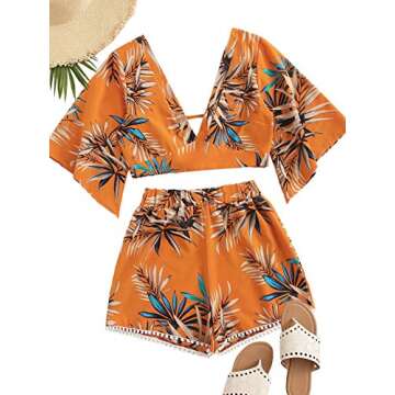 SweatyRocks Women's 2 Piece Boho Butterfly Sleeve Knot Front Crop Top with Shorts Set Tropical Orange XL