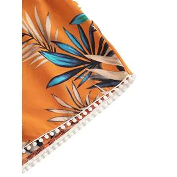 SweatyRocks Women's 2 Piece Boho Butterfly Sleeve Knot Front Crop Top with Shorts Set Tropical Orange XL