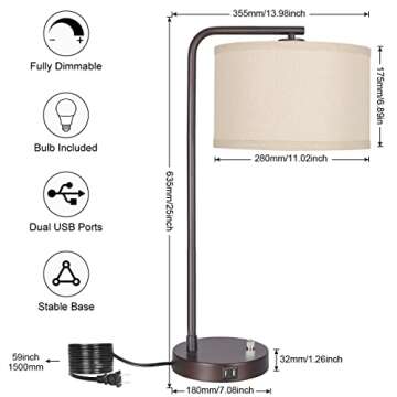 Side Table Lamp with Dual USB Ports, Dimmable Bedside Lamp Modern Nightstand Lamp Desk Reading Lamp ...