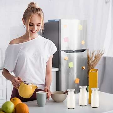 Zubebe 12 Pack 3.38 oz Small Glass Milk Bottles Clear Mini Bottles with Lids Glass Juice Jar Reusable Small Milk Jar Vintage Breakfast Shake Container for Drinking Water Juice Honey