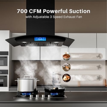 FIREGAS 30 Inch Black Island Range Hood - 700 CFM Powerful Kitchen Vent
