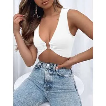 AEVZIV Sexy Crop Tops for Women Sleeveless Deep V Neck Workout Tops Plunge Ring Cleavage Cropped Tank Top White M