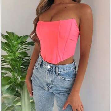 Women Sexy Bustiers Corsets Strapless Off Shoulder Tank Vest Clubwear Crop Tops Bodycon Slim Push Up Tank Vest Pink