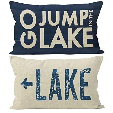 YUESHARE Funny Quotes Go Jump In The Lake & Lake Arrow Navy Blue Rustic Sign Linen Throw Pillow Cove...