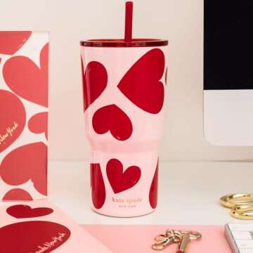 kate spade new york 20 Ounce Insulated Tumbler for Cold and Hot Drinks with Reusable Straw, Stainless Steel Travel Cup with Slide Top Lid (Sweet Hearts)
