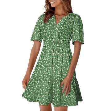 Dokotoo Sun Dresses for Women 2025 Boho Floral Short Sleeve V Neck Smocked Casual Loose Empire Waist Mini Short Tunic Dress A Line Swing Wedding Guest Dresses Beach Hawaiian Sundress Green Small