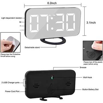 Digital Alarm Clock,6" Large LED Display with Dual USB Charger Ports | Auto Dimmer Mode | Easy Snooze Function, Modern Mirror Desk Wall Clock for Bedroom Home Office for All People (Black)