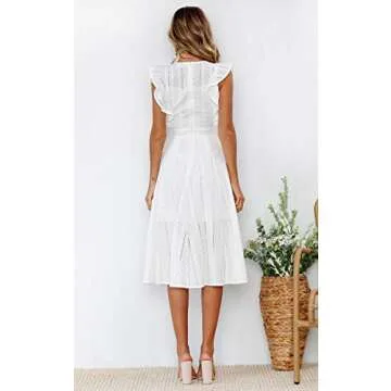 ECOWISH Women's Summer Dresses 2025 Elegant Lady Wedding Guest Cocktail Ruffle Cap Sleeves A-Line Office Midi Dress White Large