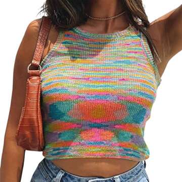Women Basic Ribbed Knit Tie Dye Tank Top Crew Neck Sleeveless Crop Top Y2K Summer Camisole Vest Top