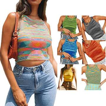 Women Basic Ribbed Knit Tie Dye Tank Top Crew Neck Sleeveless Crop Top Y2K Summer Camisole Vest Top