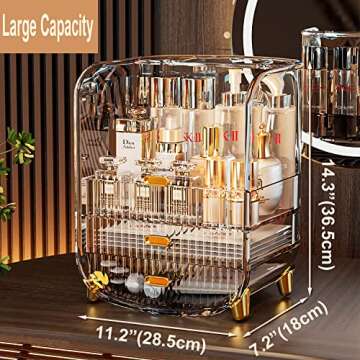 Makeup Organizer, Large Capacity Cosmetics Makeup Organizer for Vanity, Dustproof Waterproof Cosmetics Display Case with Drawers for Skincare, Lipstick, Brushes and Jewelry (Clear)