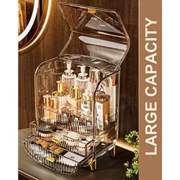 Makeup Organizer, Large Capacity Cosmetics Makeup Organizer for Vanity, Dustproof Waterproof Cosmetics Display Case with Drawers for Skincare, Lipstick, Brushes and Jewelry (Clear)