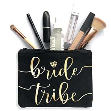 Bride Tribe Makeup Bags - Bridesmaid Favor for Bachelorette Party, Bridal Shower, Wedding. Cosmetics/Toiletries Bag, Wedding Survival Kit, Hangover Kit, Keepsake (3pc Bride Tribe, Black)