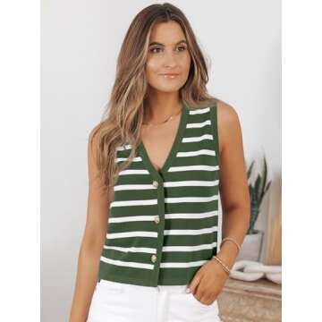 LILLUSORY Vest Tops for Women Striped Sweater Vests 2025 Summer Vacation Crop Button Up Work Outfits...