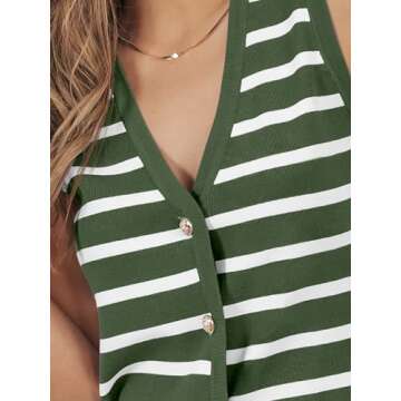 LILLUSORY Vest Tops for Women Striped Sweater Vests 2025 Summer Vacation Crop Button Up Work Outfits Clothes Spring Tops ArmygreenWhite XS