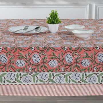 Ridhi -Dark Salmon Cotton Tablecloth, Handblock Print Floral Table Cloth for Kitchen Dining Linen I Thanksgiving, Christmas, Wedding, Fall Décor 4 Seater 60x60 Inches Square