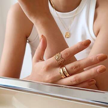 Aobei Pearl 18K Gold 3-Row Chunky Band Ring Mariner Anchor Chain Ring for Women Statement Pig Nose L...