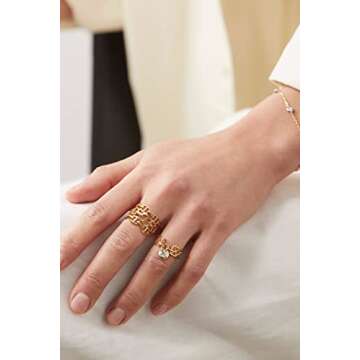 Aobei Pearl 18K Gold 3-Row Chunky Band Ring Mariner Anchor Chain Ring for Women Statement Pig Nose Link Open Rings Adjustable Thumb Knuckle Finger Jewelry for Her