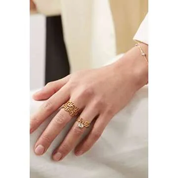 Aobei Pearl 18K Gold 3-Row Chunky Band Ring Mariner Anchor Chain Ring for Women Statement Pig Nose Link Open Rings Adjustable Thumb Knuckle Finger Jewelry for Her