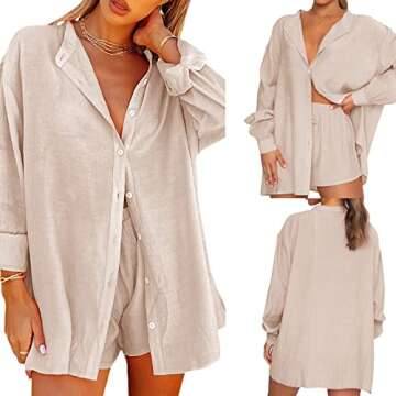 Biivrii Linen Sets for Women 2 Piece Tracksuit Half Sleeve Button Down Shirt High Waisted Elastic Waist Shorts Set Outfits (A4 Apricot, M)