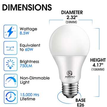 Energetic 24-Pack A19 LED Light Bulb, 60 Watt Equivalent, Daylight 5000K, E26 Medium Base, Non-Dimma...