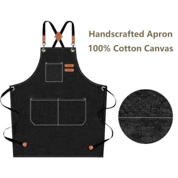 AFUN Chef Aprons for Men Women with Large Pockets, Cotton Canvas Cross Back Heavy Duty Adjustable Work Apron, Size M to XXL (Black)